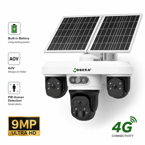 Camere AOV 4G cu Panou Solar - Camera Supraveghere Exterior 4G Solară AOV 3 Lentile goBERA®, AI Detectie Umana, Baterie 20100mAh, IP66, SIM 4G