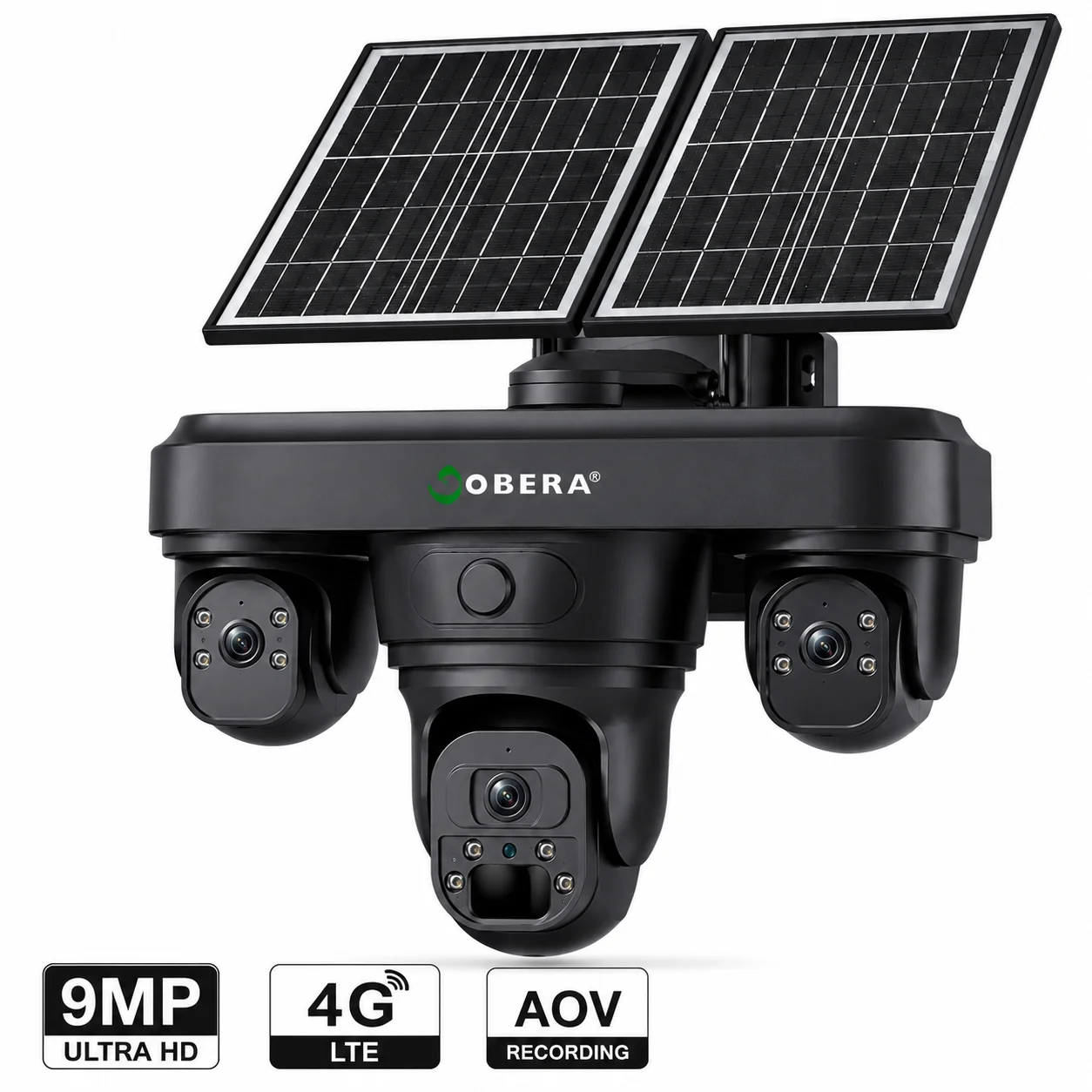 Camere de supraveghere 4G cu panou solar - Cameră Supraveghere Solară 4G goBERA® AOV 3 Lentile – AI Human Detection, PIR, Night Vision Color, Panou Solar 12W, Baterie 20100mAh, IP66