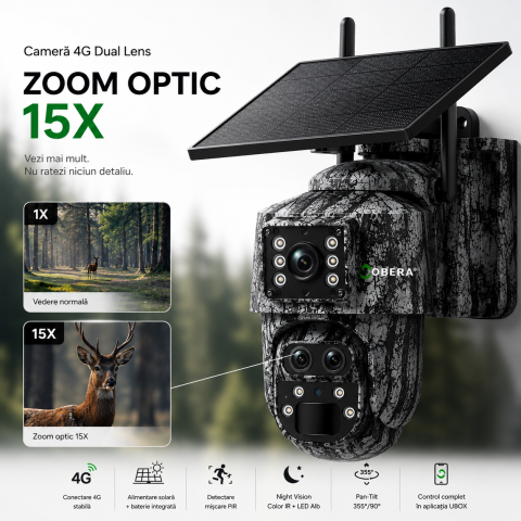 Camera supraveghere solara camuflaj, goBERA®, 6MP, 4G, zoom optic 15X, vedere nocturna color, detectie miscare PIR, audio bidirectional, control rotativ PAN-TILT, aplicatie UBOX, stocare microSD 128GB [1]