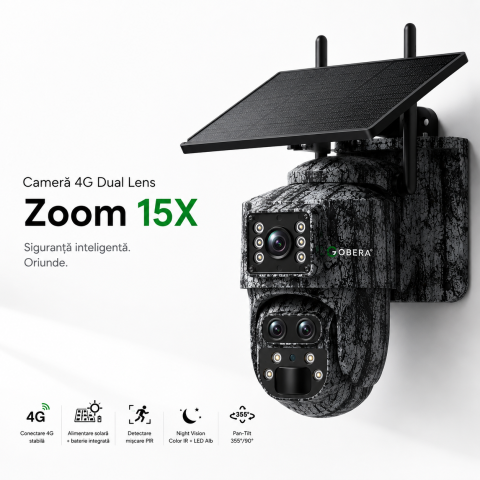 Camera supraveghere solara camuflaj, goBERA®, 6MP, 4G, zoom optic 15X, vedere nocturna color, detectie miscare PIR, audio bidirectional, control rotativ PAN-TILT, aplicatie UBOX, stocare microSD 128GB [0]