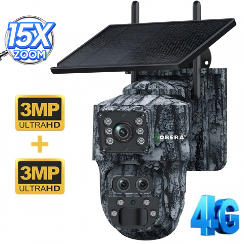 Camere de supraveghere 4G cu panou solar - Camera supraveghere solara camuflaj, goBERA®, 6MP, 4G, zoom optic 15X, vedere nocturna color, detectie miscare PIR, audio bidirectional, control rotativ PAN-TILT, aplicatie UBOX, stocare microSD 128GB