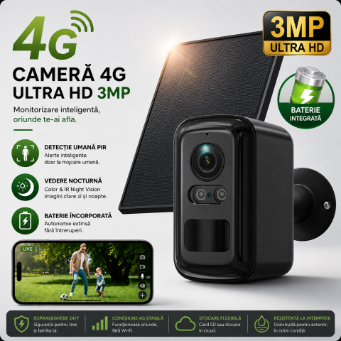 Camera Supraveghere Solara Wireless, Detectare Umana PIR, 3W Panou Solar, Baterie 5200mAh, 4G, Vedere Noapte Color, IP66,Neagra [1]