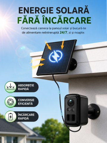 Camera Supraveghere Solara Wireless, Detectare Umana PIR, 3W Panou Solar, Baterie 5200mAh, 4G, Vedere Noapte Color, IP66,Neagra [4]