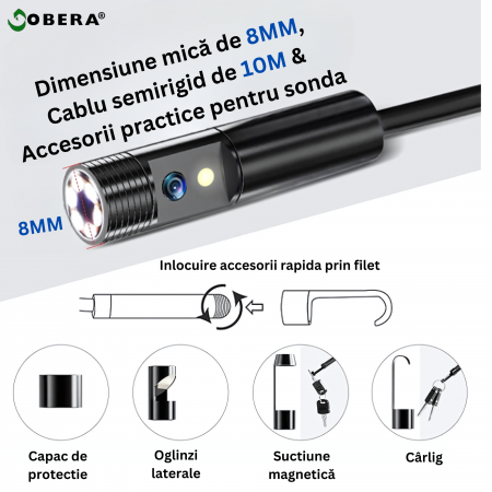 Endoscop industrial cu lentila dubla goBERA®, Camera de inspectie digitala cu cablu de 10 metri, LCD Full HD1920x1080 de 4.3 inchi, 6 lumini LED reglabile, Baterie de 2600mAh, Tub semirigid de 8 mm IP [2]