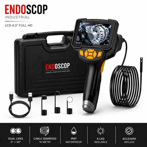 Echipamente pentru atelier - Endoscop industrial cu lentila dubla goBERA®, Camera de inspectie digitala cu cablu de 10 metri, LCD Full HD1920x1080 de 4.3 inchi, 6 lumini LED reglabile, Baterie de 2600mAh, Tub semirigid de 8 mm IP