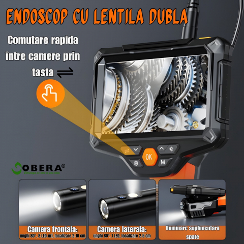 Endoscop industrial profesional goBERA®, Dual Lens, ecran 5" IPS HD 1920P, 2MP, 8+1 LED, IP67 waterproof, baterie 4400mAh, card SD 32GB, compact, portabil, pentru inspecții auto, HVAC și industriale [5]