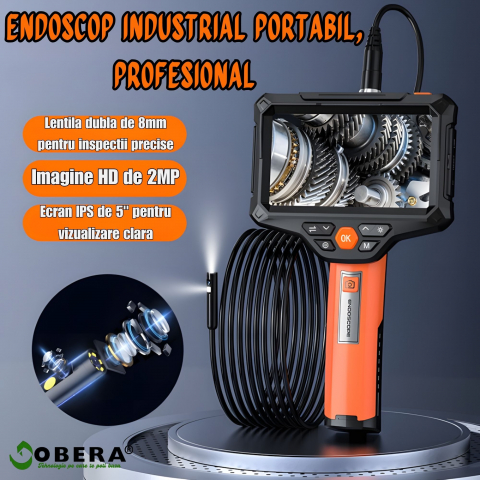 Endoscop industrial profesional goBERA®, Dual Lens, ecran 5" IPS HD 1920P, 2MP, 8+1 LED, IP67 waterproof, baterie 4400mAh, card SD 32GB, compact, portabil, pentru inspecții auto, HVAC și industriale [1]