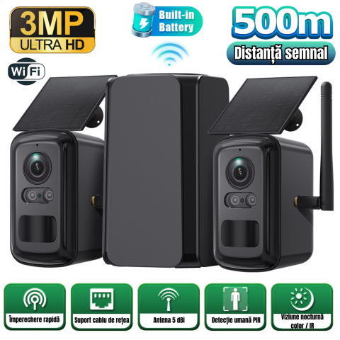 Camere Supraveghere WiFi - Home Hub Combo Kit + Camere Solare  3MP + 3MP, PIR, Night Vision Dual Mode, WIFI 600m, Cloud & TF Card