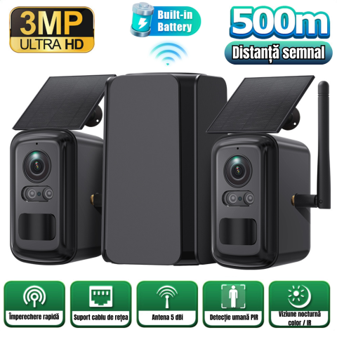 Camere Supraveghere WiFi - Home Hub Combo Kit + Camere Solare  3MP + 3MP, PIR, Night Vision Dual Mode, WIFI 600m, Cloud & TF Card