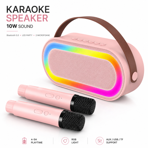 Microfon Karaoke Smart Wireless pentru copii și adulți – Difuzor Bluetooth portabil, 2 Microfoane, Efecte vocale și Lumini LED | Distracție și Petreceri Memorabile