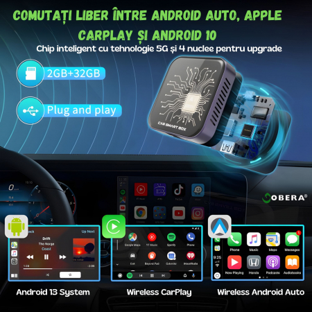 Modul AI Box auto wireless Carplay si Android Auto goBERA® pentru masini cu CarPlay cu fir din fabrica, 2GB/32GB Android 10, Suport Netflix si YouTube, Play Store, Card TF, Plug and Play [8]