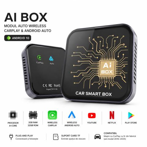 AI Box Wireless CarPlay și Android Auto – Streaming Netflix & YouTube - Modul AI Box auto wireless Carplay si Android Auto goBERA® pentru masini cu CarPlay cu fir din fabrica, 2GB/32GB Android 10, Suport Netflix si YouTube, Play Store, Card TF, Plug and Play