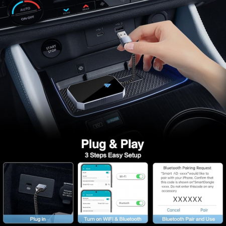 Modul Android Auto Wireless goBERA®, Pentru masini cu Android Auto de fabrica prin cablu, Adaptor Android Auto, WiFi 5Ghz, Bluetooth 5.3, Procesor AI, Compatibil cu Android 11+, Conectare Automata [8]