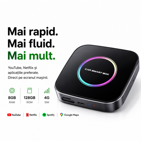 Oferte Speciale - Modul auto AI Box Android 13 goBERA®, Wireless CarPlay&Android Auto, 8GB RAM+128GB, Procesor Octa-Core, Conectivitate 4G, GPS, Split screen, Mirrorlink, Streaming YouTube, Netflix si Aplicatii Google