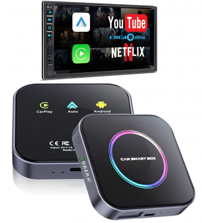 Smart Auto & Conectivitate - Modul auto AI Box Android 13 goBERA®, Wireless CarPlay&Android Auto, 8GB RAM+128GB, Procesor Octa-Core, Conectivitate 4G, GPS, Split screen, Mirrorlink, Streaming YouTube, Netflix si Aplicatii Google