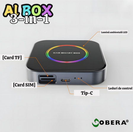 Modul auto AI Box Android 13 goBERA®, Wireless CarPlay&Android Auto, 8GB RAM+128GB, Procesor Octa-Core, Conectivitate 4G, GPS, Split screen, Mirrorlink, Streaming YouTube, Netflix si Aplicatii Google [5]