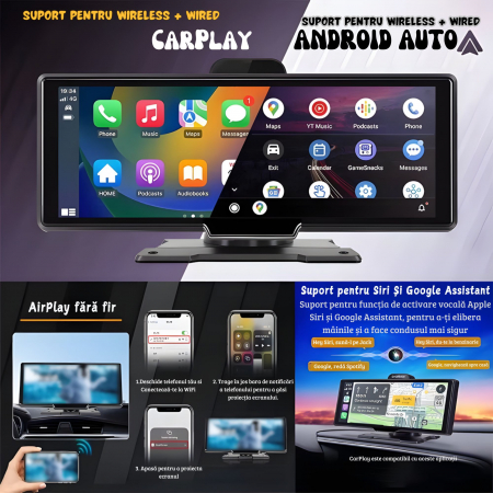Navigatie auto universala 10.26" goBERA®, Portabila, Apple Carplay si Android Auto wireless, Camera dubla, 4K/1080 Reglabile, Ecran IPS HD full-touch, BT, FM, Split-screen, Card microSD 64GB, Cablu AU [1]