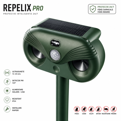Gadgeturi și Soluții Tehnice pentru Casă - Repelent Solar Ultrasonic 3 in 1, Protectie Impotriva Animalelor, Senzor Infrarosu, Laser LED, Acoperire 120°, Distanta 8–12m, Rezistent la Intemperii, Gradina, Curte, Ferma