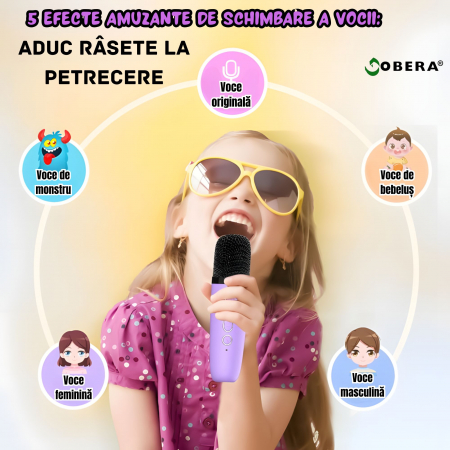 Set 2 microfoane karaoke copii si adulti cu difuzor portabil goBERA®, 4 efecte voce, Sunet Surround 3D, Lumini LED, Pentru Petreceri, Wireless, Bluetooth 5.3, Player MP3, MicroSD card, Type-C, Mov Aux [2]