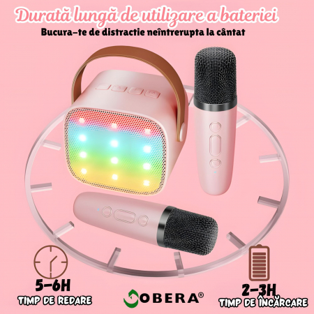 Set 2 microfoane karaoke copii si adulti cu difuzor portabil goBERA®, 4 efecte voce, Sunet Surround 3D, Lumini LED, Pentru Petreceri, Wireless, Bluetooth 5.3, Player MP3, MicroSD card, Type-C, Mov Aux [5]