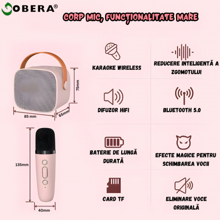 Set 2 microfoane karaoke copii si adulti cu difuzor portabil goBERA®, 4 efecte voce, Sunet Surround 3D, Lumini LED, Pentru Petreceri, Wireless, Bluetooth 5.3, Player MP3, MicroSD card, Type-C, Mov Aux [6]