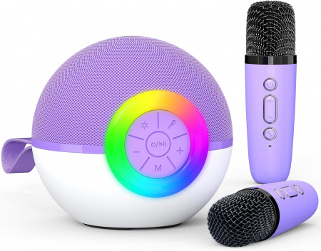 Boxe Karaoke - Set 2 microfoane karaoke copii si adulti cu difuzor portabil goBERA®, 4 efecte voce, Sunet Surround 3D, Lumini LED, Pentru Petreceri, Wireless, Bluetooth 5.3, Player MP3, MicroSD card, Type-C, Mov Aux