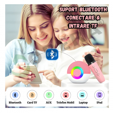 Set 2 microfoane karaoke copii si adulti cu difuzor portabil goBERA®, 4 efecte voce, Sunet Surround 3D, Lumini LED, Pentru Petreceri, Wireless, Bluetooth 5.3, Player MP3, MicroSD card, Type-C, Mov Aux [5]