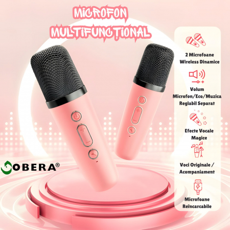 Set 2 microfoane karaoke copii si adulti cu difuzor portabil goBERA®, 4 efecte voce, Sunet Surround 3D, Lumini LED, Pentru Petreceri, Wireless, Bluetooth 5.3, Player MP3, MicroSD card, Type-C, Mov Aux [2]
