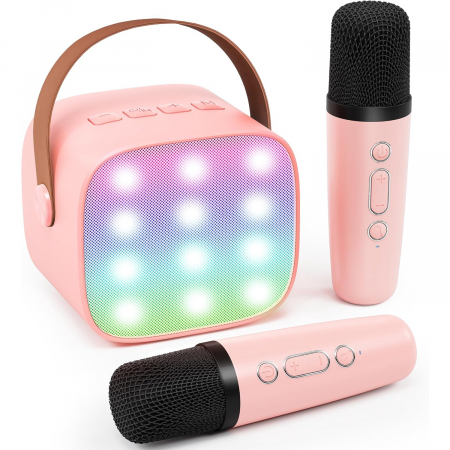 Boxe Karaoke - Set 2 microfoane karaoke copii si adulti cu difuzor portabil goBERA®, 4 efecte voce, Sunet Surround 3D, Lumini LED, Pentru Petreceri, Wireless, Bluetooth 5.3, Player MP3, MicroSD card, Type-C, Mov Aux