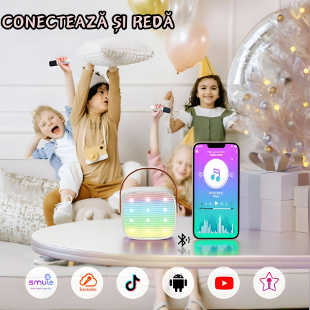 Set 2 microfoane karaoke copii si adulti cu difuzor portabil goBERA®, 4 efecte voce, Sunet Surround 3D, Lumini LED, Pentru Petreceri, Wireless, Bluetooth 5.3, Player MP3, MicroSD card, Type-C, Mov Aux [1]