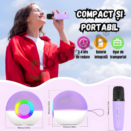 Set 2 microfoane karaoke copii si adulti cu difuzor portabil goBERA®, 4 efecte voce, Sunet Surround 3D, Lumini LED, Pentru Petreceri, Wireless, Bluetooth 5.3, Player MP3, MicroSD card, Type-C, Mov Aux [4]