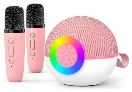 Best sellers - Set 2 microfoane karaoke copii si adulti cu difuzor portabil goBERA®, 4 efecte voce, Sunet Surround 3D, Lumini LED, Pentru Petreceri, Wireless, Bluetooth 5.3, Player MP3, MicroSD card, Type-C, Mov Aux