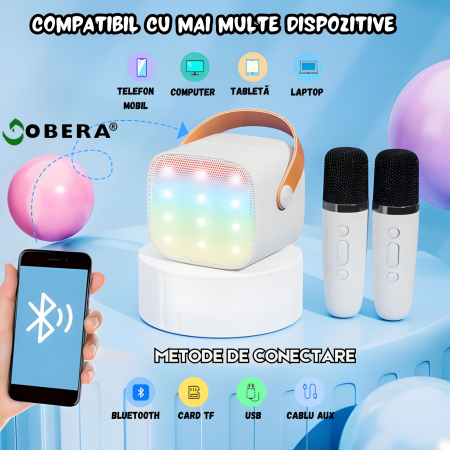 Set 2 microfoane karaoke copii si adulti cu difuzor portabil goBERA®, 4 efecte voce, Sunet Surround 3D, Lumini LED, Pentru Petreceri, Wireless, Bluetooth 5.3, Player MP3, MicroSD card, Type-C, Mov Aux [2]