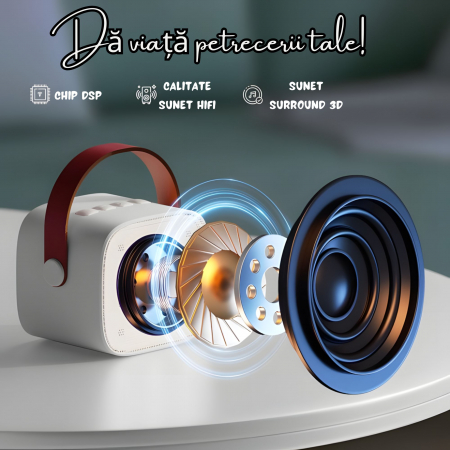 Set 2 microfoane karaoke copii si adulti cu difuzor portabil goBERA®, 4 efecte voce, Sunet Surround 3D, Lumini LED, Pentru Petreceri, Wireless, Bluetooth 5.3, Player MP3, MicroSD card, Type-C, Mov Aux [4]