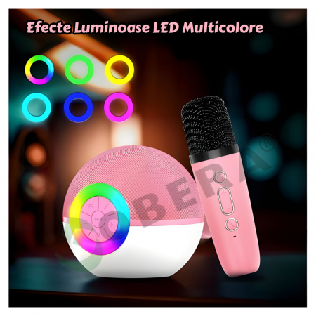 Set 2 microfoane karaoke copii si adulti cu difuzor portabil goBERA®, 4 efecte voce, Sunet Surround 3D, Lumini LED, Pentru Petreceri, Wireless, Bluetooth 5.3, Player MP3, MicroSD card, Type-C, Mov Aux [3]