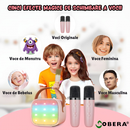 Set 2 microfoane karaoke copii si adulti cu difuzor portabil goBERA®, 4 efecte voce, Sunet Surround 3D, Lumini LED, Pentru Petreceri, Wireless, Bluetooth 5.3, Player MP3, MicroSD card, Type-C, Mov Aux [3]
