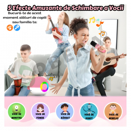 Set 2 microfoane karaoke copii si adulti cu difuzor portabil goBERA®, 4 efecte voce, Sunet Surround 3D, Lumini LED, Pentru Petreceri, Wireless, Bluetooth 5.3, Player MP3, MicroSD card, Type-C, Mov Aux [6]