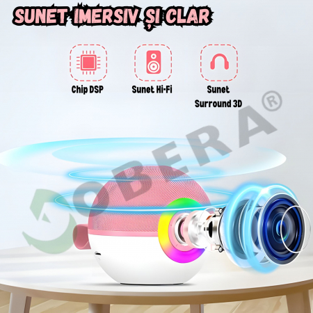 Set 2 microfoane karaoke copii si adulti cu difuzor portabil goBERA®, 4 efecte voce, Sunet Surround 3D, Lumini LED, Pentru Petreceri, Wireless, Bluetooth 5.3, Player MP3, MicroSD card, Type-C, Mov Aux [4]