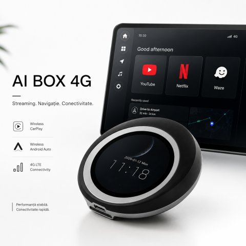 Adaptoare wireless CarPlay & Android Auto - Sistem Multimedia Auto 3-în-1 cu Android 14, CarPlay Wireless, Android Auto Wireless, Touchscreen Control, HDMI pentru Ecran Extern, Procesor Qualcomm QCM6125 Octa-Core, 8GB RAM + 128GB ROM