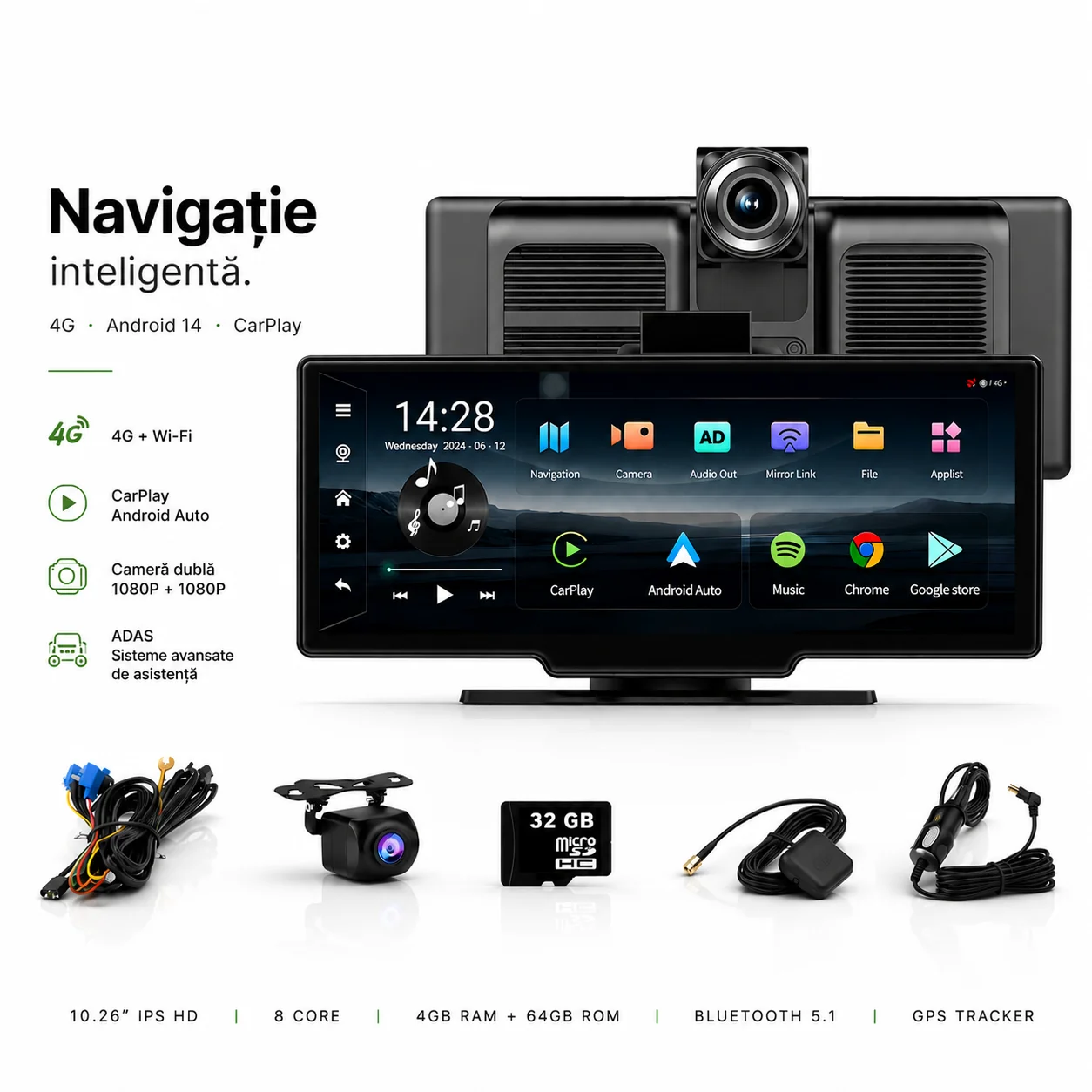 Navigatii AUTO - Sistem Navigație Auto 10.26” goBERA®, Android 14, 4G SIM, CarPlay & Android Auto, 4GB RAM + 64GB, Cameră Dublă 1080P, ADAS