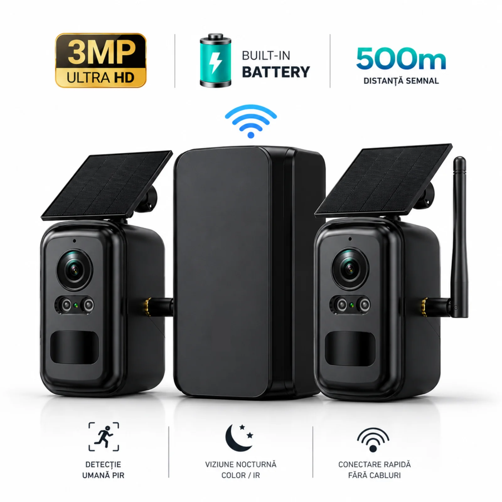 Camere de supraveghere WiFi - Sistem Supraveghere Wireless goBERA® Smart Security, Home Hub Combo Kit cu Camere Solare 3MP, Hub Central, Acoperire 600m, Detectare PIR, Night Vision, Interfon, Stocare TF/Cloud, IP66