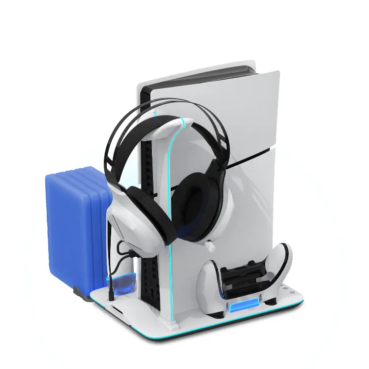 ✨ SMART DEALS - Suport Vertical pentru PS5 Slim & PS5 Pro, cu 3 Ventilatoare Reglabile, Iluminare RGB, Încărcare Rapidă Magnetică DualSense/Edge, Suport Căști, 5 Discuri și Protecție la Supraincărcare