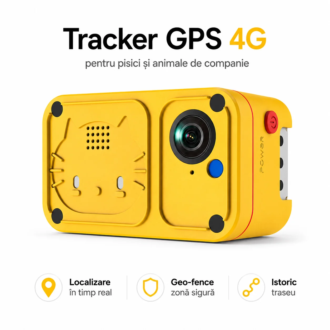 Trackere GPS pentru animale - Tracker GPS 4G cu Cameră goBERA® pentru Pisici și Animale de Companie, Localizare în Timp Real, Geo-Fence, Audio Bidirecțional, Full HD 1080P, IP66, Nano SIM, Galben
