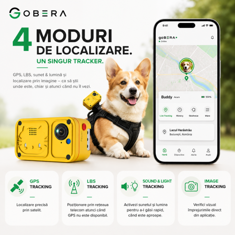 Tracker GPS 4G cu Cameră goBERA® pentru Pisici și Animale de Companie, Localizare în Timp Real, Geo-Fence, Audio Bidirecțional, Full HD 1080P, IP66, Nano SIM, Galben [1]