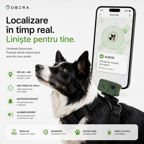 Tracker GPS 4G cu Cameră goBERA® pentru Câini și Animale, Full HD, Localizare în Timp Real, Geo-Fence, Audio Bidirecțional, IP66, Nano SIM [1]