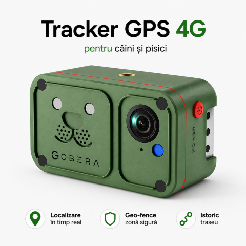 Trackere GPS pentru animale - Tracker GPS 4G cu Cameră goBERA® pentru Câini și Animale, Full HD, Localizare în Timp Real, Geo-Fence, Audio Bidirecțional, IP66, Nano SIM