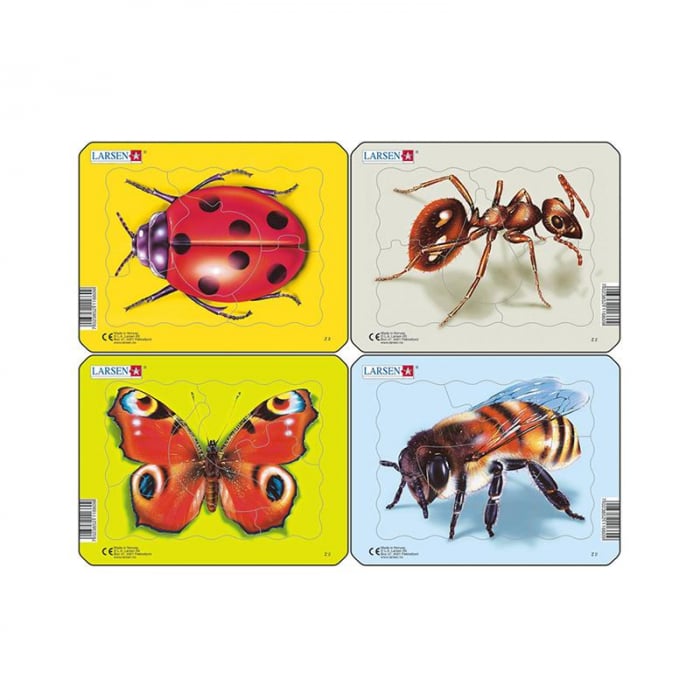 Set 4 Puzzle mini Insecte cu Albina, Buburuza, Fluture, Furnica, orientare tip vedere, 5 piese, Larsen [1]