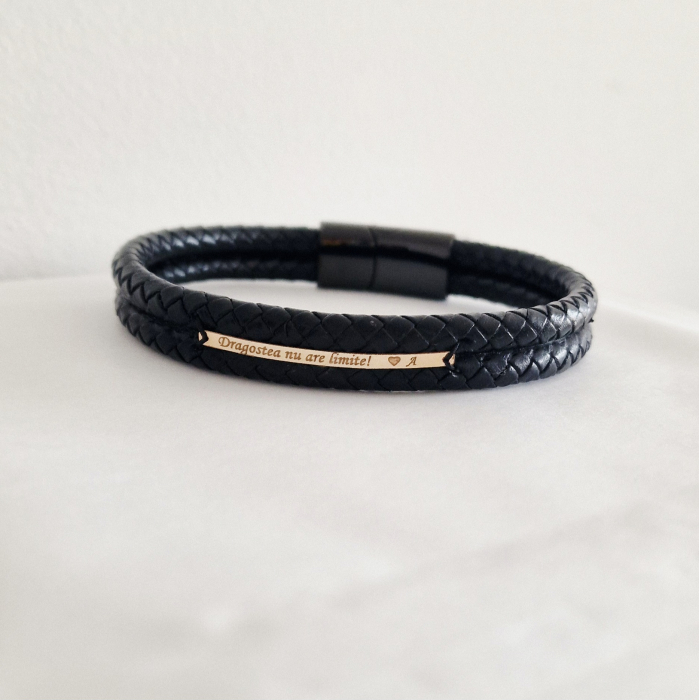 Bratara barbati cu tablita aur 14k si piele impletita [6]