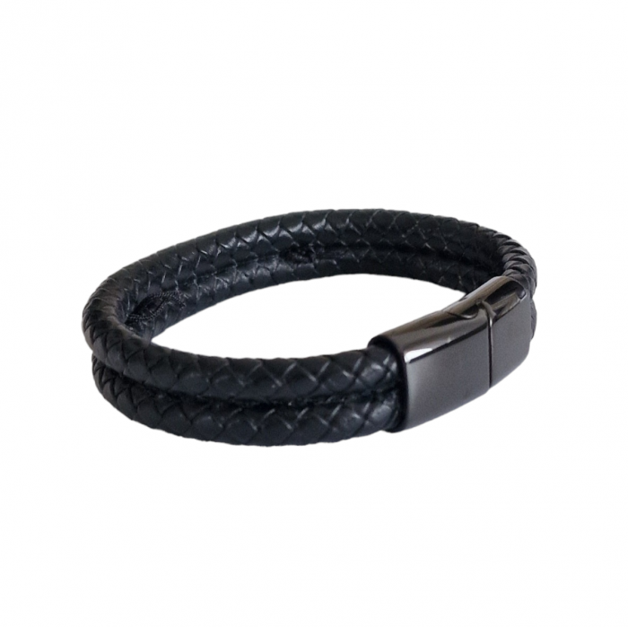 Bratara barbati cu tablita aur 14k si piele impletita [5]