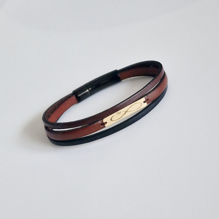 Bratara barbati tablita aur 14k și piele triplă [8]
